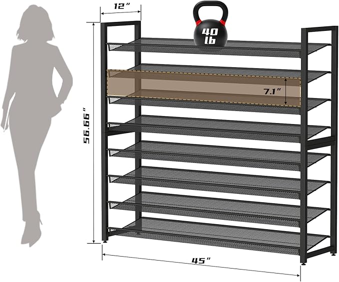 Metal Shoe Rack,Large 8 Tier Shoe Organizer, Heavy Duty Metal 4-Tier Stackable Shoe Storage Vertical Shoe Rack for Closet Front Door,Entrance,Entryway,GarageUp to 50 Pairs,Black