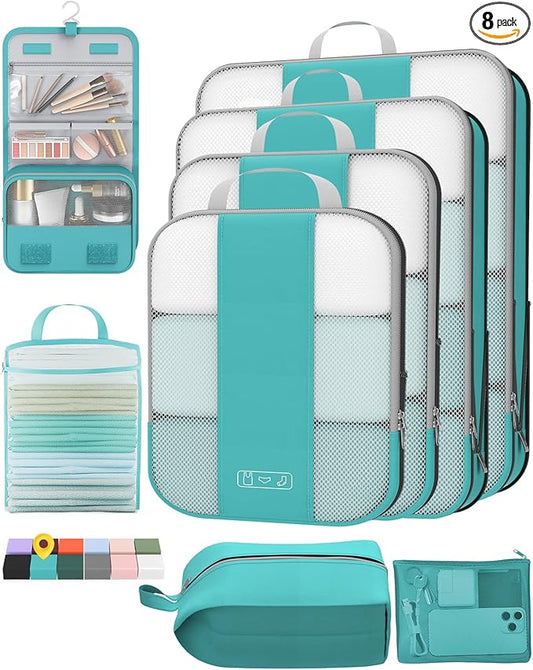 8 Set Compression Packing Cubes for Travel Essentials,Compressible Expandable Packing Cubes for Suitcase,OlarHike Luggage Organizer Bags for Travel,Handy Helper for Organizing Clothes(Blue Green)