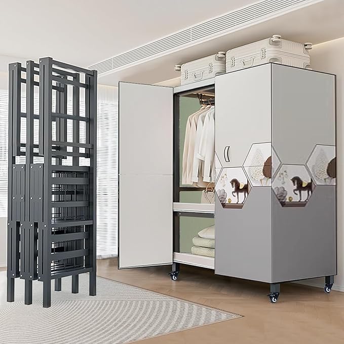 FPIGSHS Heavy Duty Clothes Rack with Magnetic Door 2000LBS Foldable Portable Wardrobe Closet for Hanging Clothing Rolling Garment Rack on Wheels for Bedroom Closet System (C(Pattern Door, 33.4in)