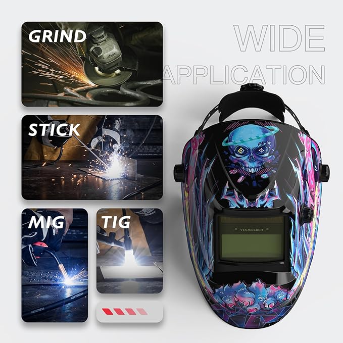 YESWELDER Auto Darkening Welding Helmet, Blue Light Blocking, 1/1/1/1 True Color Solar Powered Welding Hood with 2 Arc Sensors, Wide Shade 3.5/9-13 Welder Mask for TIG MIG ARC and Grind