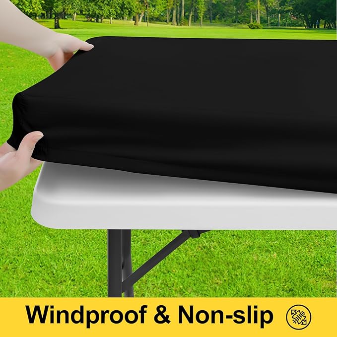Smiry Picnic Table Cover with Bench Covers, Waterproof Elastic Fitted Polyester Tablecloths for 8 Ft Rectangle Tables, Washable Windproof Tablecloth for Camping, RV & Outdoor (Black, 30x96 Inches)