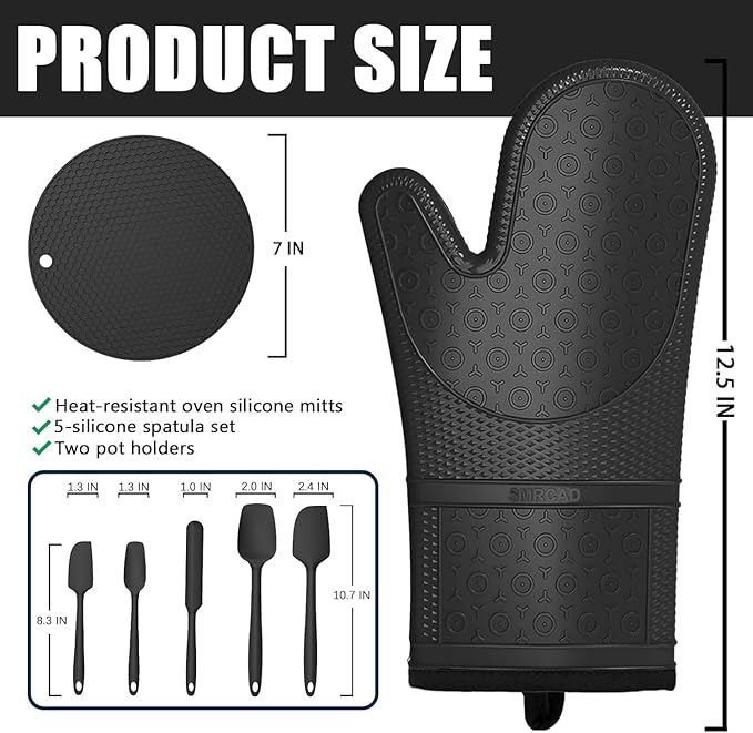 Oven Mitts with Heat-Resistant Hot Pads and Five Silicone Spatulas Designed for Kitchen Baking Cooking, Oven Glove Soft Cotton Lining, Waterproof, BPA-Free (Black& Trivet, 12.6)