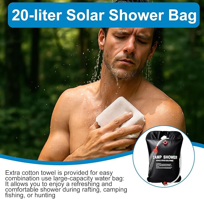 5 GallonsSolar Shower Bag with a Cotton Towel, 20L Portable Solar Heating Camping Shower Bag for Outdoor Traveling Hiking Summer Shower, Cold ＆ Hot Water Hiking Climbing (Black)