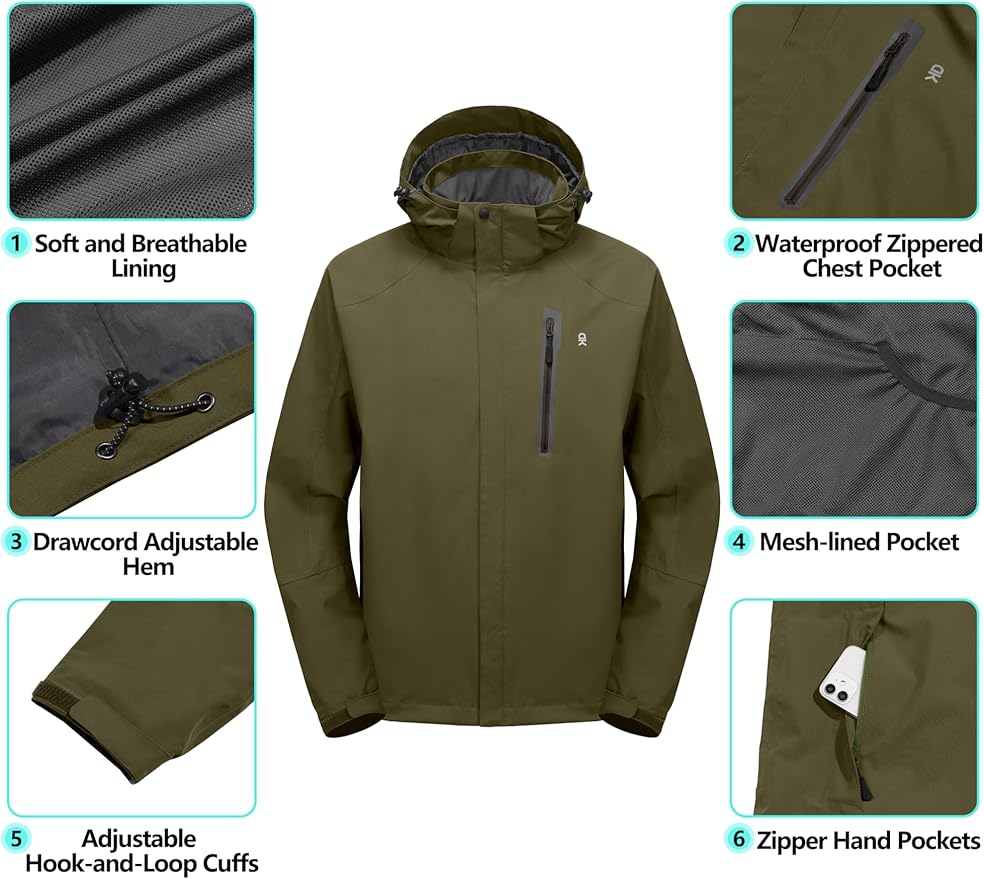 Little Donkey Andy Men's Waterproof Rain Jacket Outdoor Lightweight Hooded Raincoat for Hiking Golf Travel Fishing