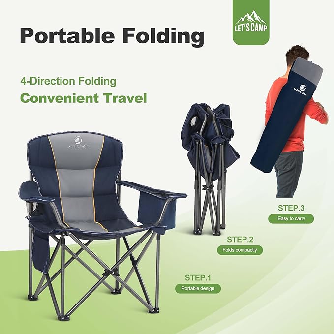 LET'S CAMP Folding Camping Chair Oversized Heavy Duty Padded Outdoor Chair with Cup Holder Storage and Cooler Bag, 450 LBS Weight Capacity, Thicken 600D Oxford,2 Pack