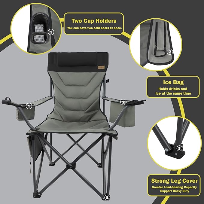 Outdoor Folding Camping Chair-Oversize Camping Chairs for Adults,Support 400lbs with Pillows & Cup Holders & Cooler Bags - Heavy Duty Collapsible Chairs for Sports Garden Beach Fishin(Blackgray)