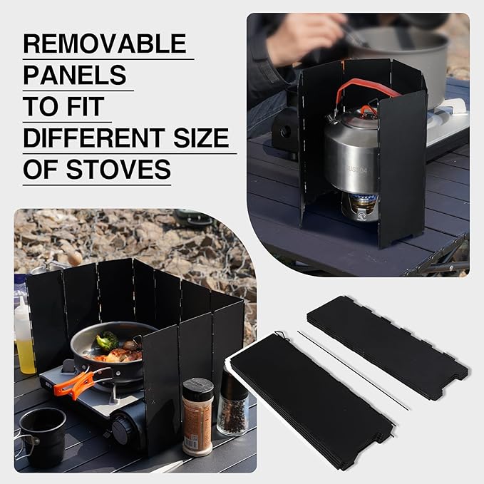 REDCAMP 9.5" High Folding Outdoor Stove Windscreen, 16 Plates Aluminum Camping Stove Windshield with Carrying bag, Lightweight Butane Burner Windshield, Black
