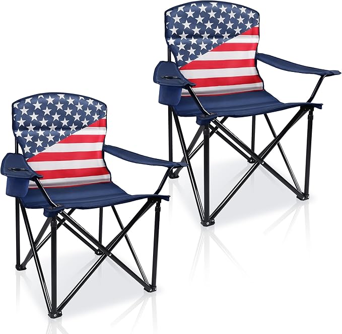 Folding Camping Chairs 2 Pack:Oversized Padded Lawn Chair for Adult,Collapsible for Outdoor,Camp,Fishing & Garden,350-lbs Capacity,American Flag