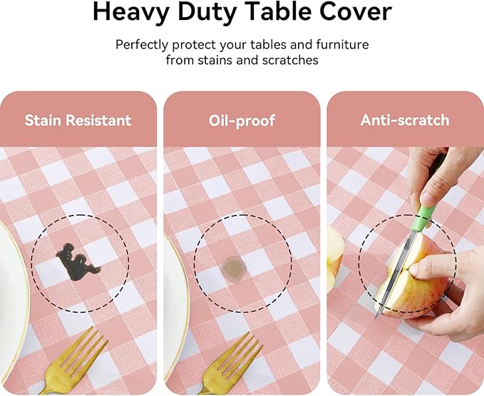 Romanstile Rectangle Plastic Tablecloth, 100% Waterproof Oil-Proof Checkered PVC Table Cloth, Heavy Duty Vinyl Table Cover for Dining, Camping, Picnic, Outdoor - 54 x 120 Inch, Light Pink