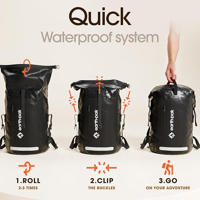Earth Pak Waterproof Backpack - Heavy Duty Hiking Backpack - Roll-Top Closure Bag - Cushioned Dry Bag Waterproof Phone Case