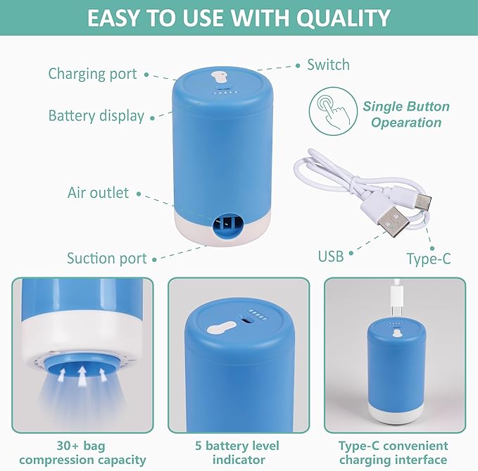 Travel Vacuum Bags with Electric Pump, 8 Pack Vacuum Travel Bags for Luggage and Suitcase, Vacuum Seal Space Saver Compression for Clothes Clothing