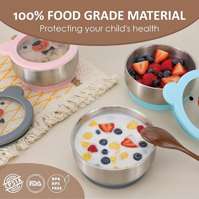 MR. CHOU Baby Bowls with Non-Slip Silicone Suction Cup, Insulated Double-Layer 304 Stainless Steel Toddler Bowls with BPA Free Airtight Lids, Food-Grade Silicone Safe for Kids (Gray)