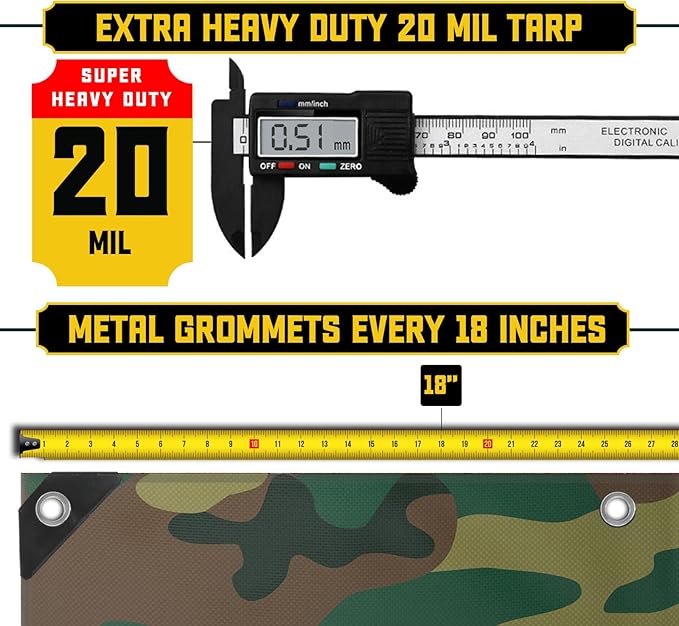 Core Tarps Extreme Heavy Duty 20 Mil Tarp Cover, Waterproof, UV Resistant, Rip and Tear Proof, Poly Tarpaulin with Reinforced Edges for Roof, Camping, Patio, Pool, Boat (Camouflage/Green 30′ X 60′)