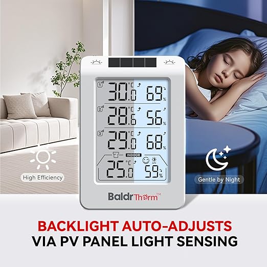 Solar Photosensitive Three Channel Thermo-Hygrometer, Wireless Temperature & Humidity Monitor with 330ft Range, 4.8" Digital Display, Smart Backlight, Real-Time Alerts, White