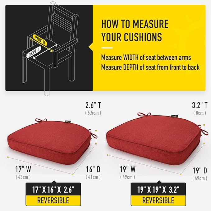 SUNROX Gel Memory Foam Chair Cushions, FadeShield Water-, Stain-Resistant Durable Reversible Seat Cushion Pads with Ties for Indoor/Outdoor Kitchen Dining Office, 19"x19", Set of 2, Burgundy