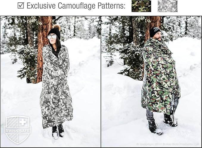 Swiss Safe 4 Pack Mylar Emergency Blankets for Survival - Compact & Insulated for Cold Weather - Designed for NASA, Outdoor, Running, Camping, Survival, First Aid Car Kit - Camouflage, 4 Pack