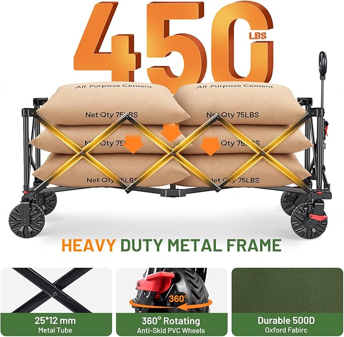 TIMBER RIDGE 51.2" Extended Collapsible Wagon - Heavy-Duty Utility Cart with All-Terrain Wheels, Brakes & Cargo Net, 400L Capacity for Camping, Sports & Shopping, Green