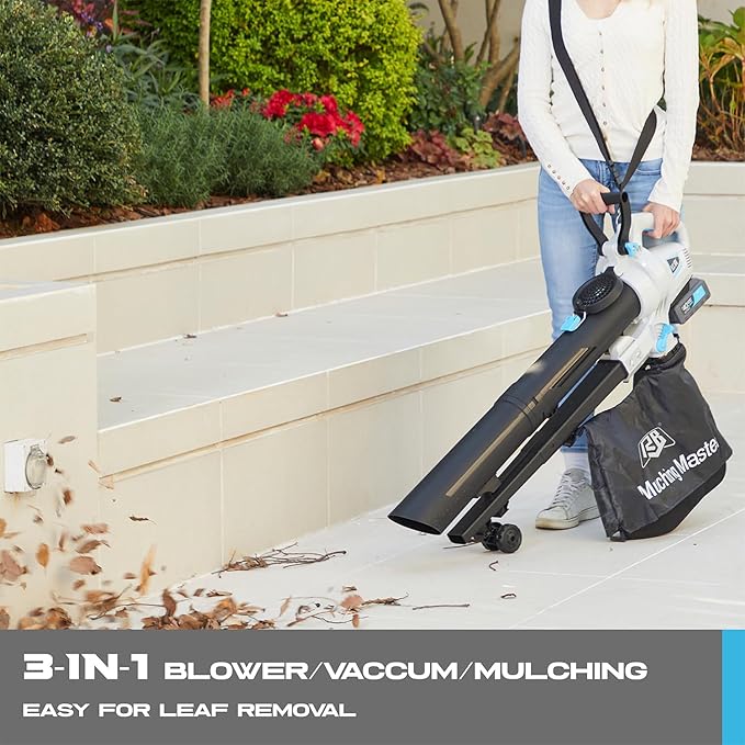 RB 40V 3-in-1 Cordless Vacuum Blower – Powerful Leaf Blower, Mulcher & Vacuum with 4.0Ah Battery & Fast Charger, Adjustable Handle, 12L Bag, 30:1 Mulching Ratio