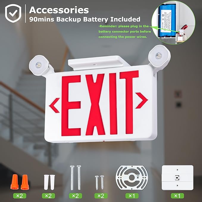 Gruenlich Red Exit Sign with Emergency Lights, 2 Adjustable LED Heads and Backup Battery, UL 924, AC 120/277V, Commercial Hardwired Exit Light for Business, 1 Pack