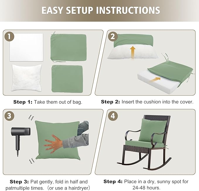 Outdoor Chair Cushions, Waterproof Outdoor Cushions for Patio Furniture w/Fade-Resistant, Removable & Machine-Washable Covers, 19x19 Inch, Ideal for Seat in Gardens/Porch – Set of 1/2/4, Sage Green