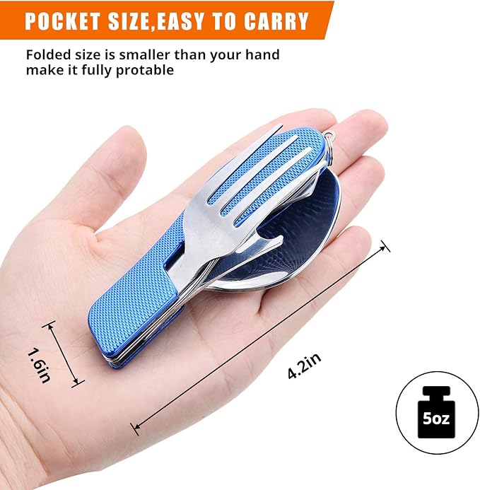 Camping Silverware Set HIKENTURE 4-In-1 Stainless Steel Hobo Knife Fork Spoon Bottle Opener with Storage Case (Blue)