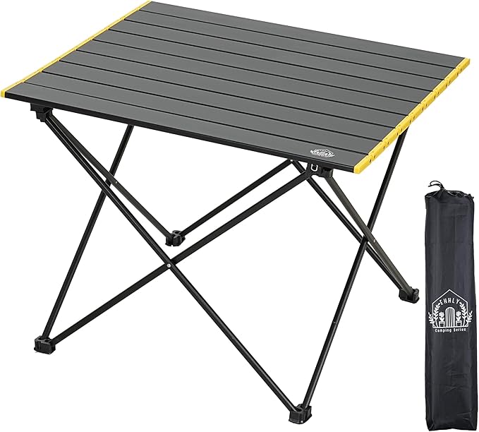 Portable Folding Camping Table, Large Compact Aluminum Beach Picnic Table, Lightweight Collapsible Outdoor Camp Tables That Folds & Rolls Up, Beach Gear Essentials Camp Accessories, Black