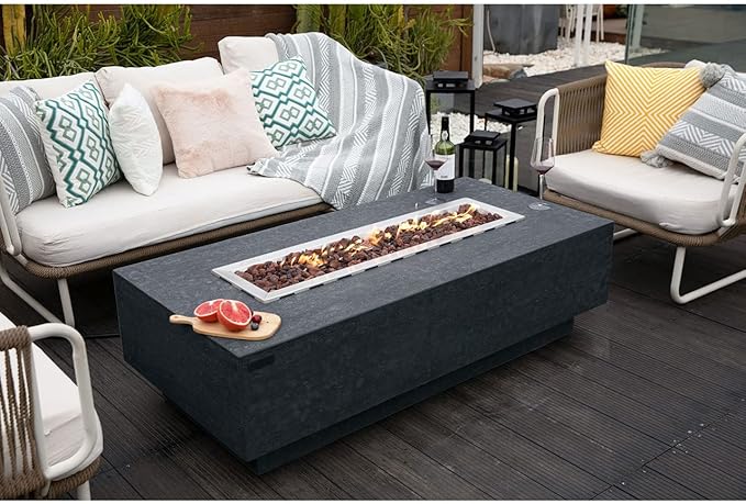 Elementi | Hampton Gas Fire Pit Cast Concrete 56" Rectangular Fire Table, Outdoor Fire Pit Electronic Ignition | Canvas Cover, Lava Rock Included | Dark Gray (Propane Gas)