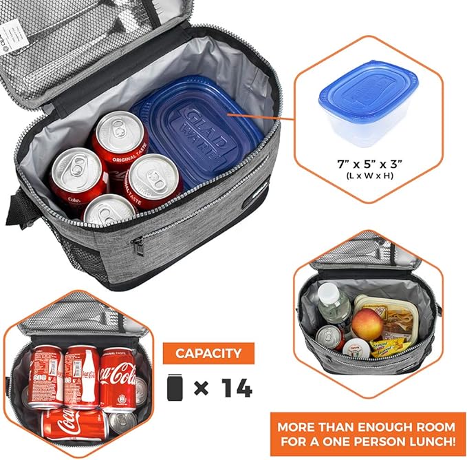 opux Insulated Lunch Box Men Women, Lunch Bag for Work School, Leakproof Soft Cooler Tote Adult, Large Lunch Pail Kids Boys Girls, Picnic Beach Food Bag with Shoulder Strap, Heather Grey