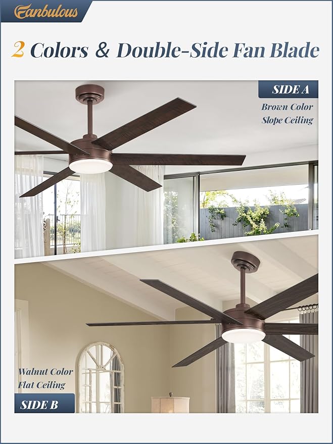 60 Inch Ceiling Fans with Lights and Remote, Reversible 6 Blades, Dimmable, 3000K-6000K Adjustable, Outdoor Ceiling Fans for Patios, Large Ceiling Fan for Indoor or Covered Outdoor, Brown
