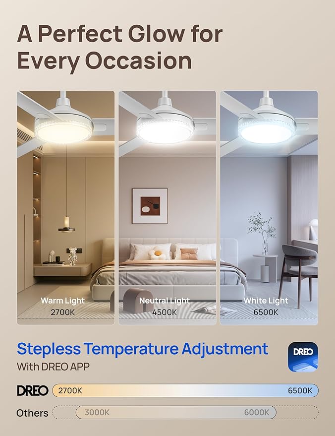Dreo Smart Ceiling Fans with Lights, 52 Inch White Ceiling Fan, 12 Speeds & 3 Fan Modes, Stepless Color Tones, Dimmable LED Light, 1-12H Timer, Quiet DC Motor, Remote/APP/Alexa/Wall Switch Control