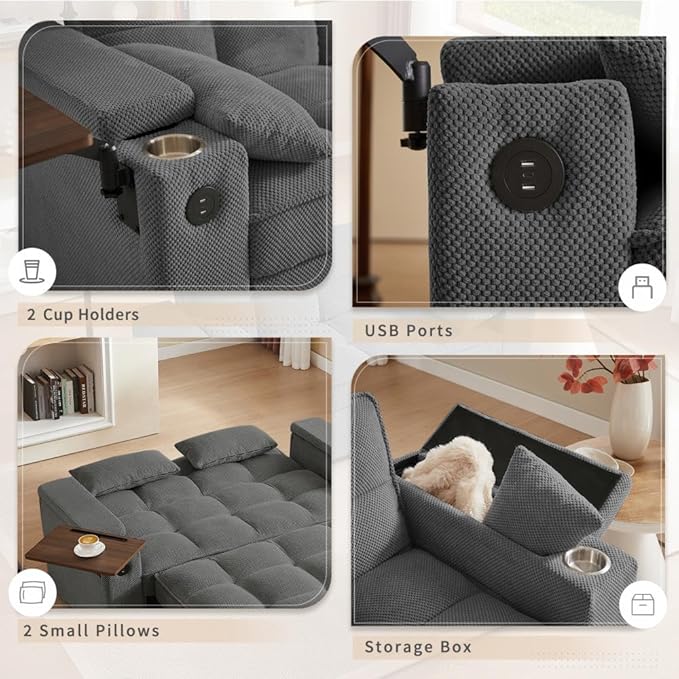 65.35" 3-in-1 Folding Sofa Bed with Pull-Out Mattress, Velvet & Sherpa Upholstery, Adjustable Backrest, Side Table – Modern for Small Spaces, Apartment, Living Room (Dark Grey)