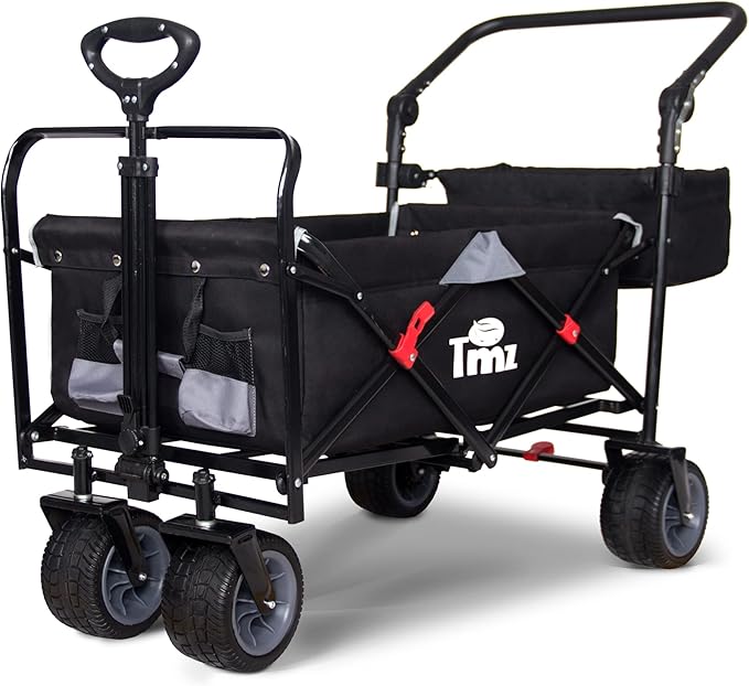 TMZ All Terrain Utility Folding Wagon, Collapsible Garden Cart, Heavy Duty Beach Wagon, for Shopping, Camping, and Outdoor Activities with Push Handle and Brakes (Black/Grey)