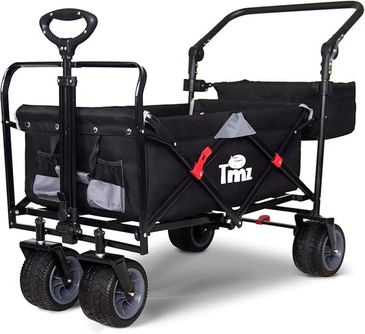 TMZ All Terrain Utility Folding Wagon, Collapsible Garden Cart, Heavy Duty Beach Wagon, for Shopping, Camping, and Outdoor Activities with Push Handle and Brakes (Black/Grey)