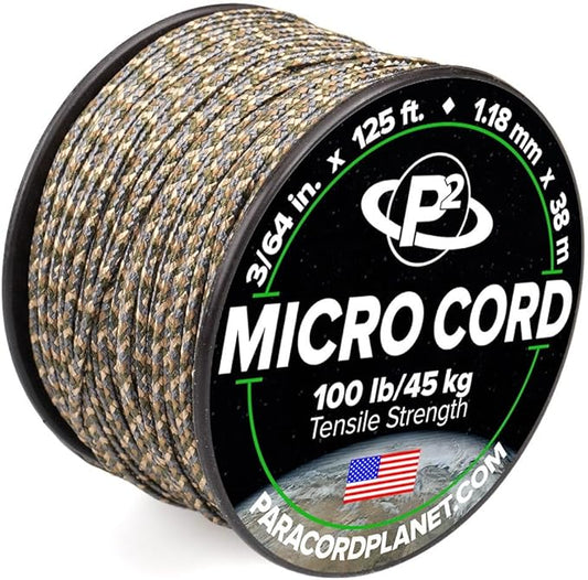 Paracord Planet Micro Paracord – Thin Braided Cord for Crafting, Fishing, and DIY Projects in 125 ft Spools – Woodland Camo
