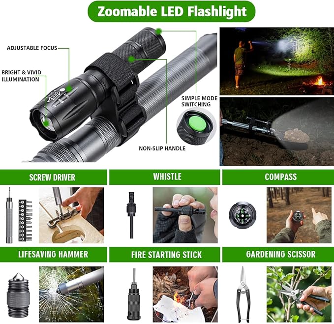 ZENHOSIT Multifunctional Folding Tactical Shovel Hatchet Combo - With Axe, Flashlight, Extension Handles - For Camping, Cycling, Hiking - 19.3-40.9 Inches