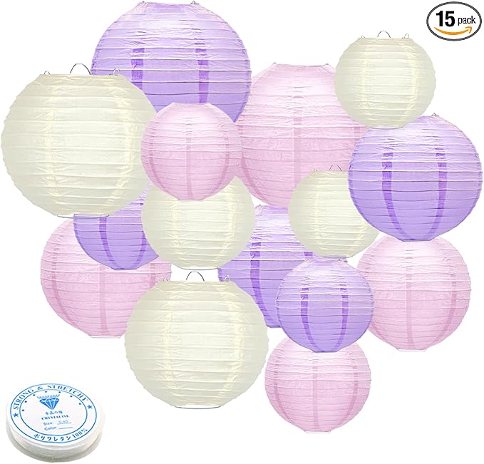 15Pcs Paper Lanterns Decorative, Pink Purple White Hanging Lantern for Mermaid Theme Girl Birthday Party Baby Showers Party Decorations