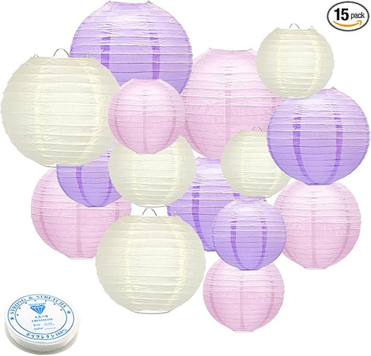 15Pcs Paper Lanterns Decorative, Pink Purple White Hanging Lantern for Mermaid Theme Girl Birthday Party Baby Showers Party Decorations