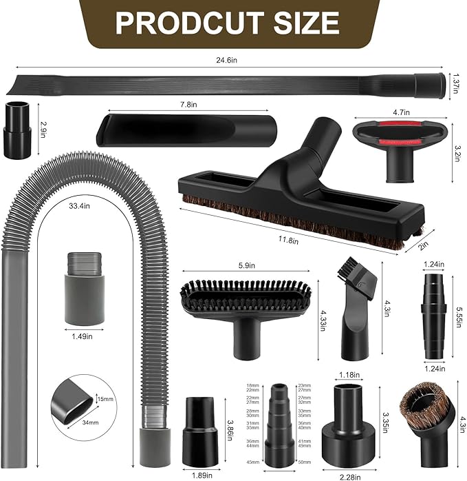 13-Piece 1 1/4 Inch Shop Vac Attachments Cleaning Kit With Vacuum Floor Brush/Dryer Lint Vac Attachment/Flexible Crevice Tool (Hose Adapters for 1 1/4" to 2 1/2"Hoses)