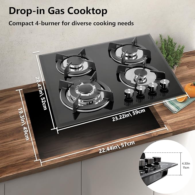 Gas Stovetop 4 Burner, Built-in/Countertop Propane Gas Cooktop, LPG/NG Dual Fuel Convertible Gas Stove Top with Thermocouple Protection, Black Tempered Glass, 27400BTU