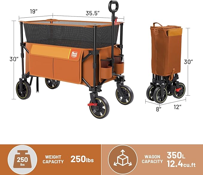 TIMBER RIDGE 350L Extra Large Collapsible Folding Wagon Carts with Brake, Heavy Duty Outdoor Camping Utility Wagons with Extended Height, Adjustable Handle, Cup Holders, Side Bag(Orange)