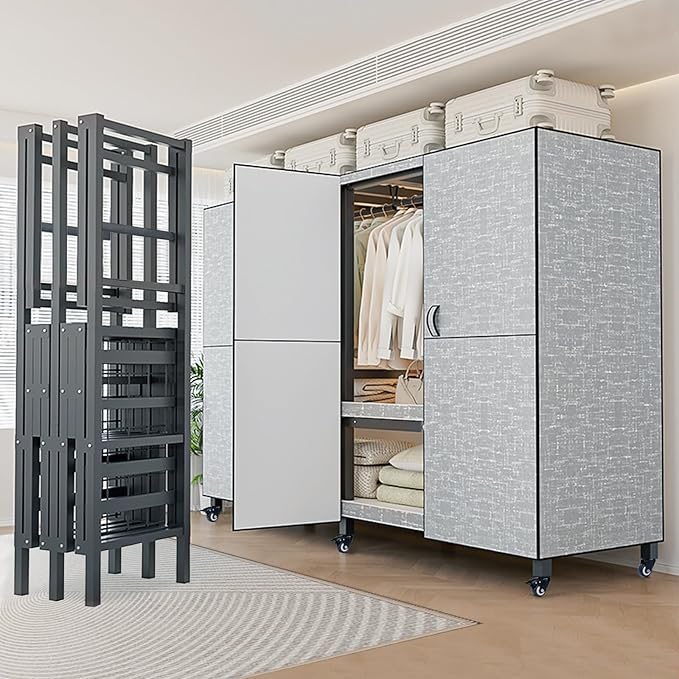 FPIGSHS Heavy Duty Clothes Rack with Magnetic Door 2000LBS Foldable Portable Wardrobe Closet for Hanging Clothing Rolling Garment Rack on Wheels for Bedroom Closet System (B(Grey Door, 41.3in)