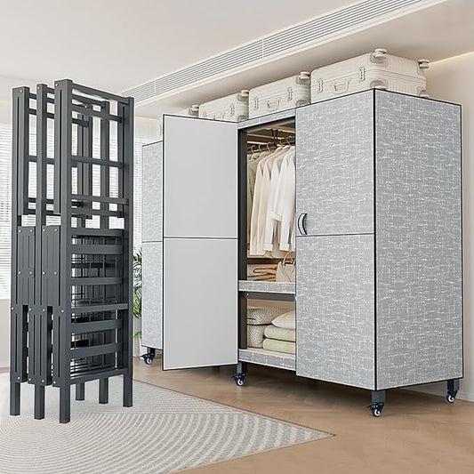 FPIGSHS Heavy Duty Clothes Rack with Magnetic Door 2000LBS Foldable Portable Wardrobe Closet for Hanging Clothing Rolling Garment Rack on Wheels for Bedroom Closet System (B(Grey Door, 71in)