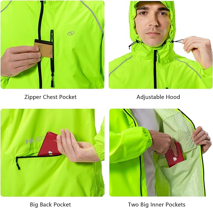 Men's Cycling Running Rain Jacket Lightweight Waterproof Biking Hiking Windbreaker Raincoat Reflective Packable