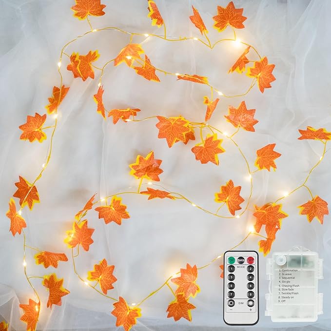 suddus Vine with Fairy Lights Battery Operated, 33ft 100 LED Maple Leaf String Lights with Remote, Dimmable Fall Garland with Lights for Bedroom Wall Indoor Outdoor Thanksgiving Decor (Warm White)