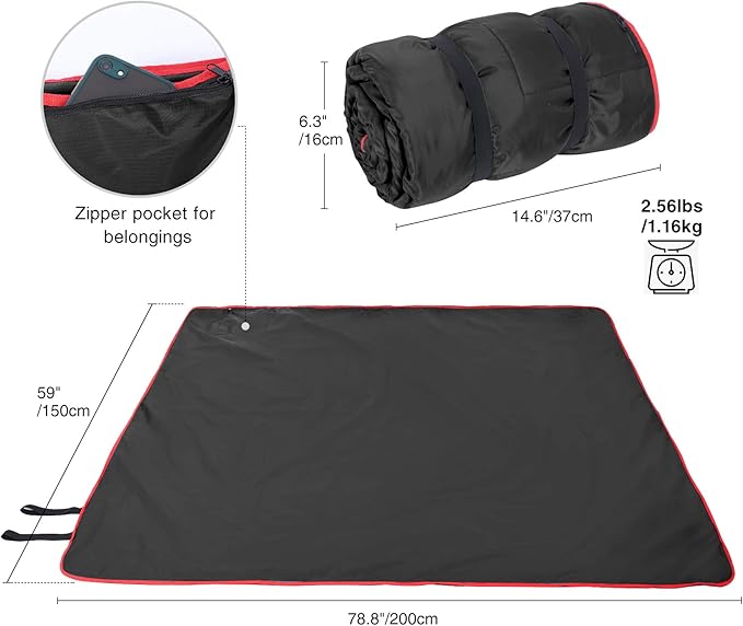 REDCAMP Large Waterproof Stadium Blanket for Cold Weather, Soft Warm Fleece Camping Blanket Windproof for Outdoor Sports, Blue/Red (Outer Black/Inner Black)