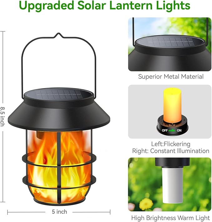 Solar Lanterns Outdoor Waterproof, Upgraded Flickering Flames Hanging Solar Lights for Outside with Wall Hooks, Halloween Decor Retro Metal Outdoor Lanterns Auto On/Off for Patio, Yard Decor