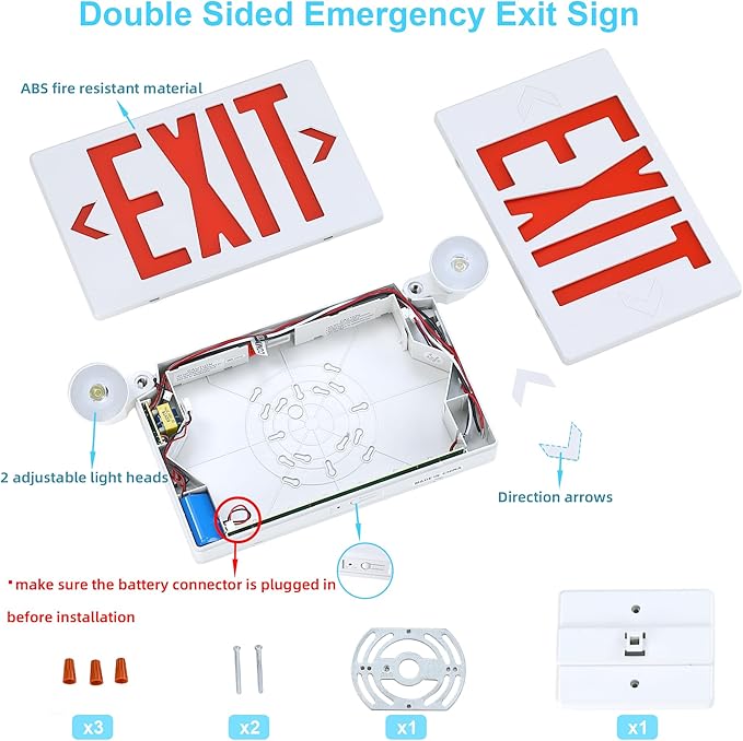 Gruenlich Exit Signs with Emergency Lights, 2 Adjustable LED Head with Battery Backup, 94V-0 Fire Resistant, AC 120/277V, Hardwired Commercial Emergency Light Combo for Business, 1 Pack