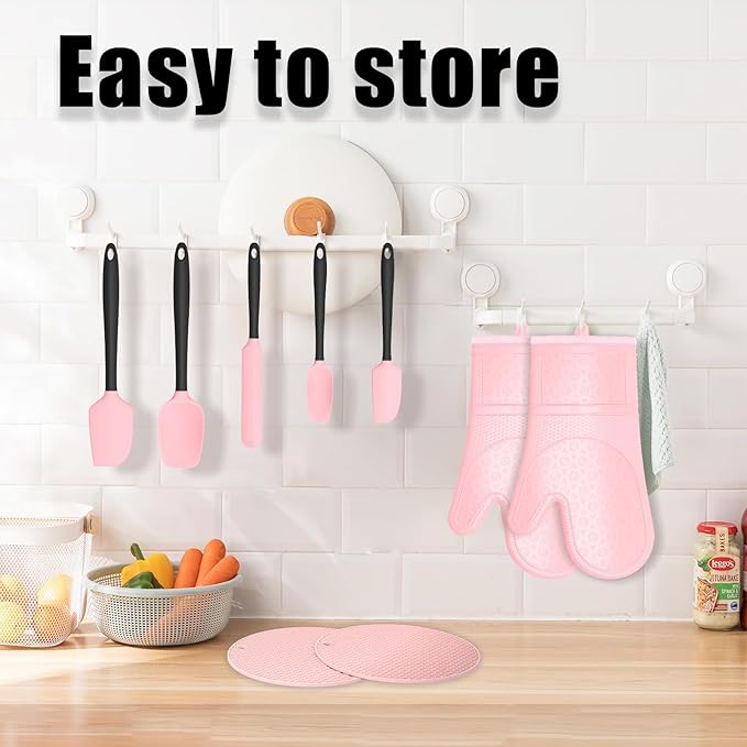 Oven Mitts with Heat-Resistant Hot Pads and Five Silicone Spatulas Designed for Kitchen Baking Cooking, Oven Glove Soft Cotton Lining, Waterproof, BPA-Free (Pink, 12.6)