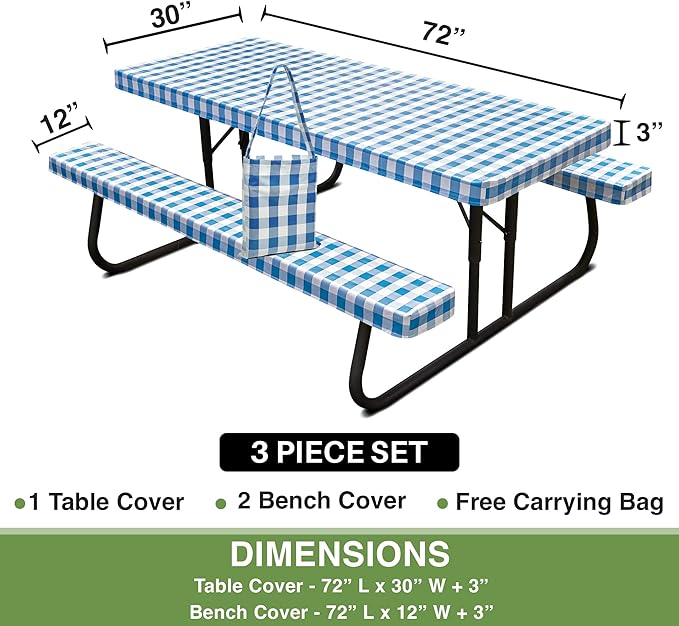 Hudson Comfort Picnic Table Cover with Bench Covers – 500 GSM Reusable Heavy Duty Vinyl Outdoor Table Cover - Waterproof Picnic Tablecloth with Carry Case - Blue (72 Inch 6 Feet)
