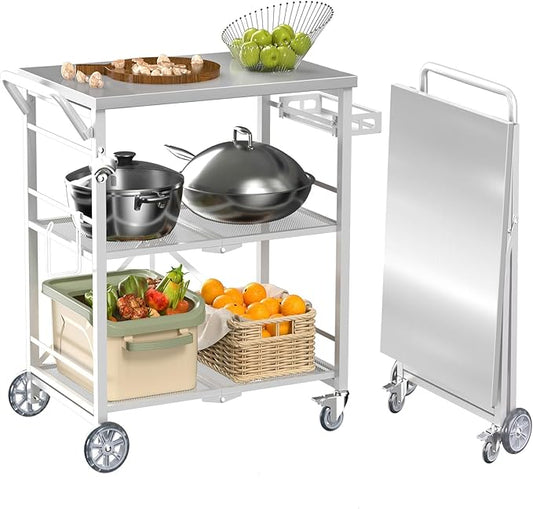 Folding Grill Cart, Metal Pizza Oven Stand Table with 2 Total Lock Casters,3 Shelf Foldable Kitchen Island Cart,Stainless Steel Outdoor Rolling Cart with Wheels for Home Party, Bar, Camping（White）